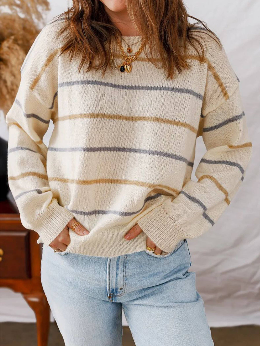 Colorful Striped Pullover Long Sleeved Sweater: Beige / L