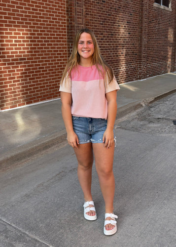 Pink Rib Textured Colorblock Top