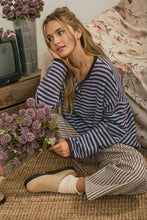 Load image into Gallery viewer, BUTTON HENLEY STRIPE LONG SLEEVE DROP SHOULDER SWEATER: BURGUNDY