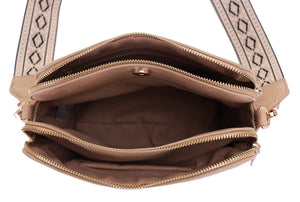 Mila 3 Compartment Crossbody Bag With Guitar Strap: Nude