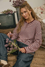 Load image into Gallery viewer, BUTTON HENLEY STRIPE LONG SLEEVE DROP SHOULDER SWEATER: BURGUNDY