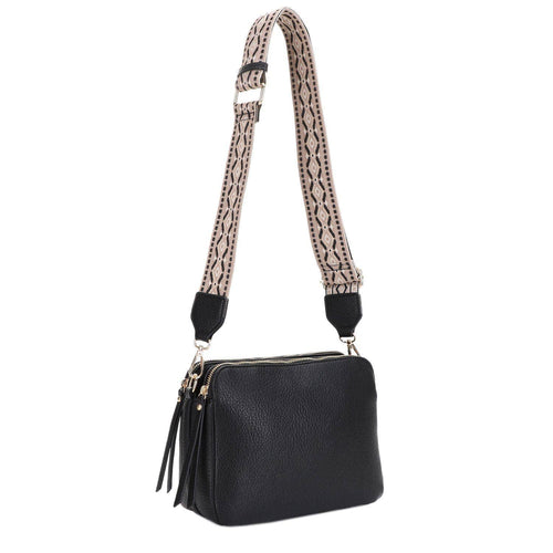 Mila 3 Compartment Crossbody Bag With Guitar Strap: Black