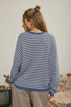 Load image into Gallery viewer, BUTTON HENLEY STRIPE LONG SLEEVE DROP SHOULDER SWEATER: BURGUNDY