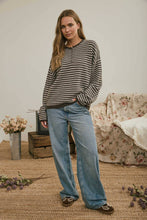 Load image into Gallery viewer, BUTTON HENLEY STRIPE LONG SLEEVE DROP SHOULDER SWEATER: BURGUNDY