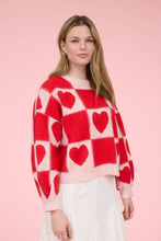 Load image into Gallery viewer, Red Heart Checkered Pattern Crew Sweater