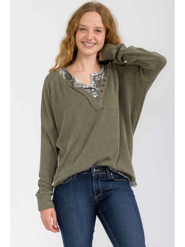 Olive Rib Knit Henley Top with Plaid Contrast Trim