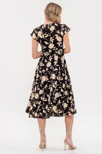 Black Floral Tiered V Neck Dress