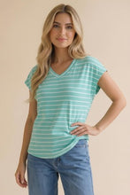 Load image into Gallery viewer, Mint &amp; White V Neck Banded Drop Shoulder Stripe Top