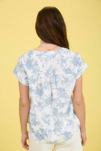 Blue Toile Print Yoke Detail Top
