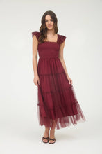 Load image into Gallery viewer, Burgundy Polka Dot Chiffon Smocked Midi Dress