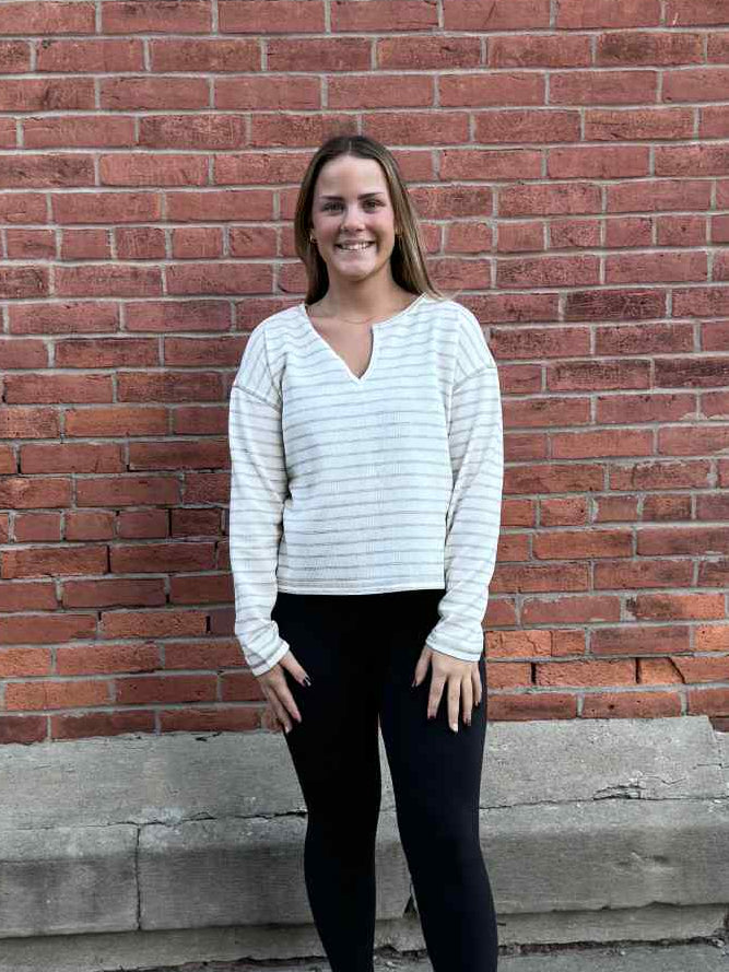 Cream Stripe Split Neck Top