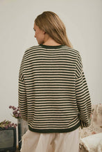 Load image into Gallery viewer, BUTTON HENLEY STRIPE LONG SLEEVE DROP SHOULDER SWEATER: BURGUNDY