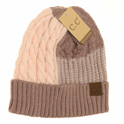 Tri-Color Cuff Beanie in Rose/Taupe