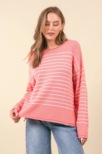 Pink Scoop Neck Striped Sweater