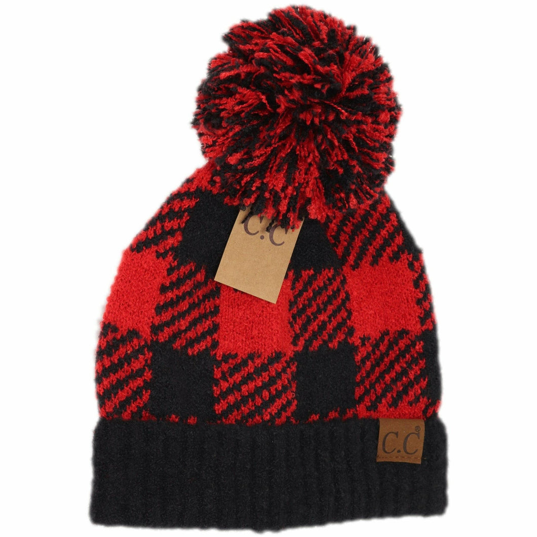 Buffalo Print Jacquard Knit Pom Beanie in Red/Black