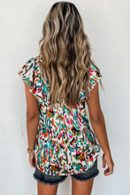 Load image into Gallery viewer, Green Abstract Print Split Neck Ruffle Sleeve Top