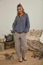Load image into Gallery viewer, BUTTON HENLEY STRIPE LONG SLEEVE DROP SHOULDER SWEATER: BURGUNDY
