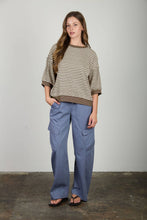 Load image into Gallery viewer, TEXTURED STRIPE DROP SHOULDER KNIT TOP: LIGHT DENIM