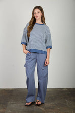 Load image into Gallery viewer, TEXTURED STRIPE DROP SHOULDER KNIT TOP: LIGHT DENIM