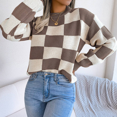 Coffee Plaid Pullover Sweater