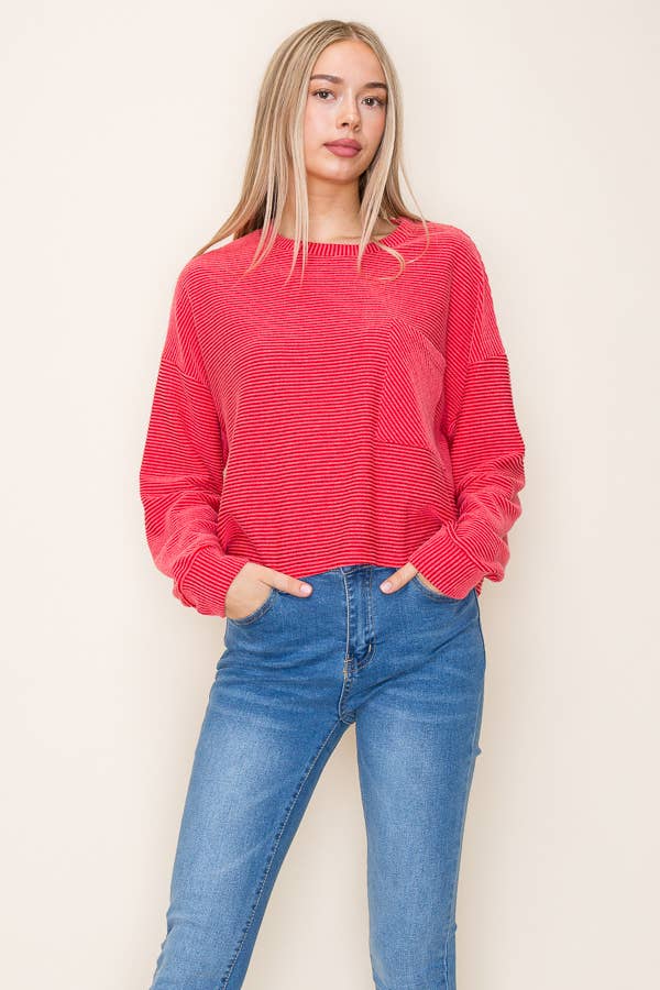 Red Ribbed Round Top w/Pocket