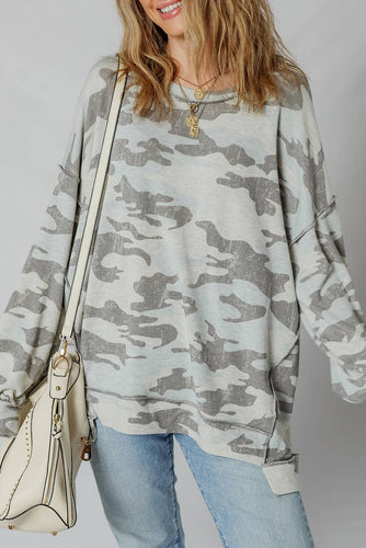Camouflage Print Loose Fit Long Sleeve Pullover