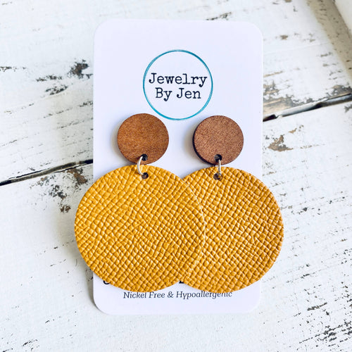 Wood Stud Earring: Mustard Saffiano Earrings