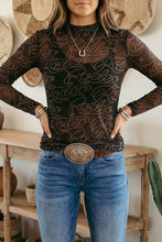 Load image into Gallery viewer, Western Rodeo Printed Mock Neck Long Sleeve Mesh Top