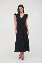 Load image into Gallery viewer, Black Ruffle Shirred Waist Midi Dress