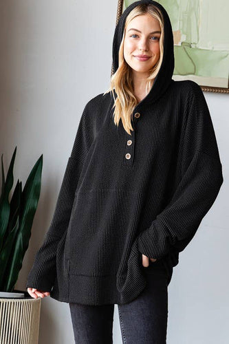 Black Ribbed Button Down Hoodie