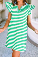 Load image into Gallery viewer, Green Stripe Print Contrast Collar Split Neck Short Dress