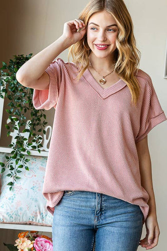 Mauve Solid Urban Ribbed V Neck Top