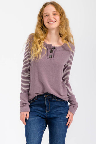 Mulberry Stripe Contrast Button Front Pullover Top