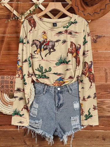 Wild Western Cowboy Rodeo Print Long Sleeve Tee
