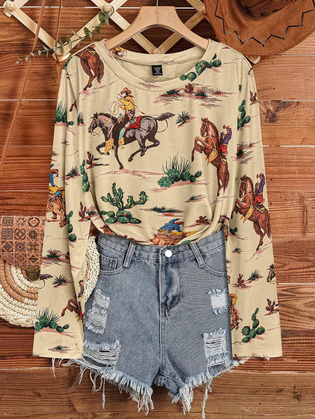 Wild Western Cowboy Rodeo Print Long Sleeve Tee