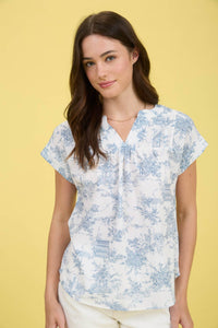 Blue Toile Print Yoke Detail Top