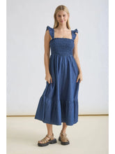 Load image into Gallery viewer, Dark Denim Ruffle Smocked Midi Dress