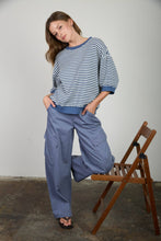 Load image into Gallery viewer, TEXTURED STRIPE DROP SHOULDER KNIT TOP: LIGHT DENIM