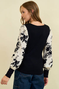 Black Floral Jacquard Contrast Sleeve