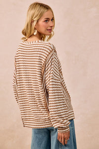 Camel Textured Stripe Knit Top Open Seam Detail
