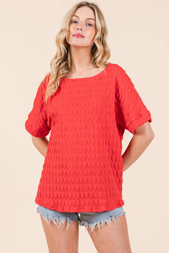 Red Textured Short Sleeve Top