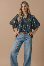 Load image into Gallery viewer, Navy Notch Neck Floral Empire Waist Woven Top