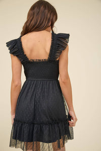 Black Polka Dot Chiffon Smocked Ruffle Dress
