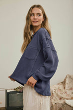 Load image into Gallery viewer, Denim Blue Split Neck Raw Edge Top