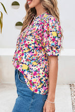 Load image into Gallery viewer, Pink Flower Frilled Collar Short Puff Sleeve Top