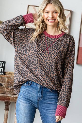 Burgundy Trimmed Animal Print Top