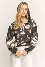 Load image into Gallery viewer, Black Floral Hoodie w/Stripe Contrast