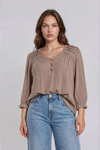 Load image into Gallery viewer, Mocha Crochet Trim V-Neck Top