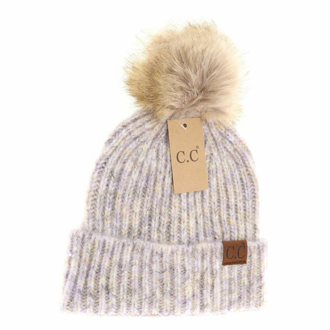 Soft Ribbed Fur Pom C.C Beanie - Iris Multi