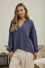 Load image into Gallery viewer, Denim Blue Split Neck Raw Edge Top